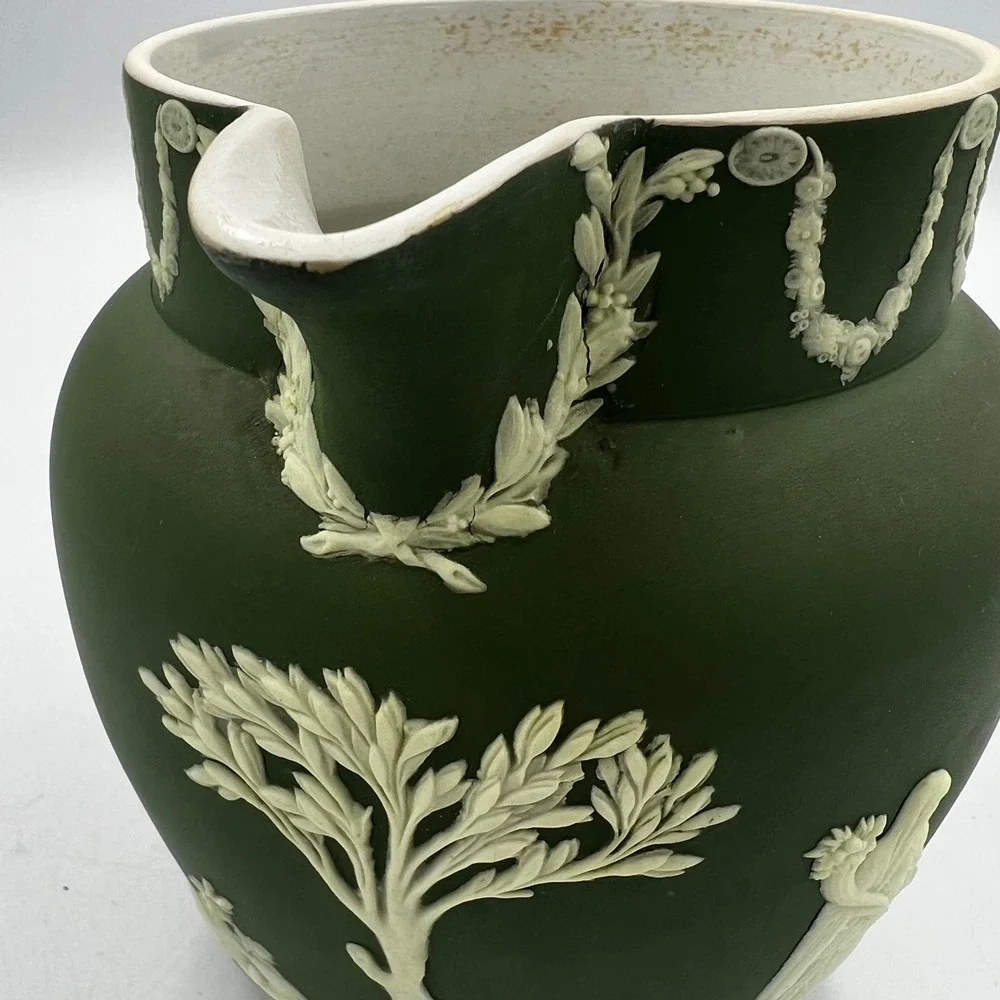 Antique Wedgwood Olive Green Jasper-Dip‎ Pitcher Classical Muses Relief 1800's